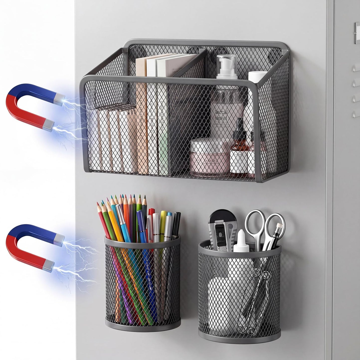 Marspark 3 Pcs Magnetic Pen Holder Set Metal Pencil Holder with Strong Magnets Wire Mesh Storage Basket Organizer for Locker Accessories Whiteboard Refrigerator School Office Dorm(Grey)
