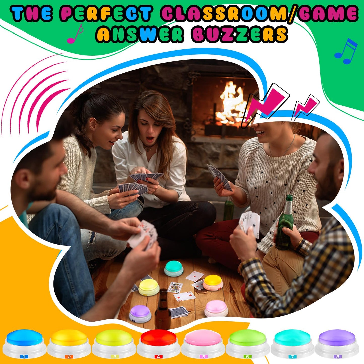 8 Pack Recordable Game Buzzers with Lights & Sound – Loud Trivia & Family Feud Buzzers for Classroom, Parties & Game Nights
