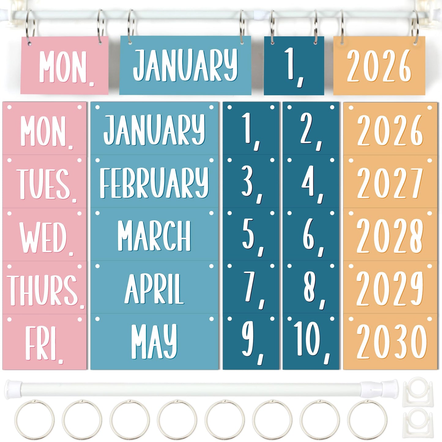 Boho Flip Calendar for Classroom Bulletin Board Set Boho Rainbow Calendar Class Whiteboard Decor with 2026 to 2030 Years Date Cards and Adjustable Rod for Home Elementary School Teacher Supplies