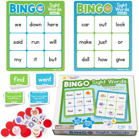 Bright Seed Sight Words Bingo Game for Kindergarten, Learn to Read Sight Word Cards, Word Games for Kids Ages 4-8, Bingo Sight Words Level 1&2, Laminated for Easy Clean