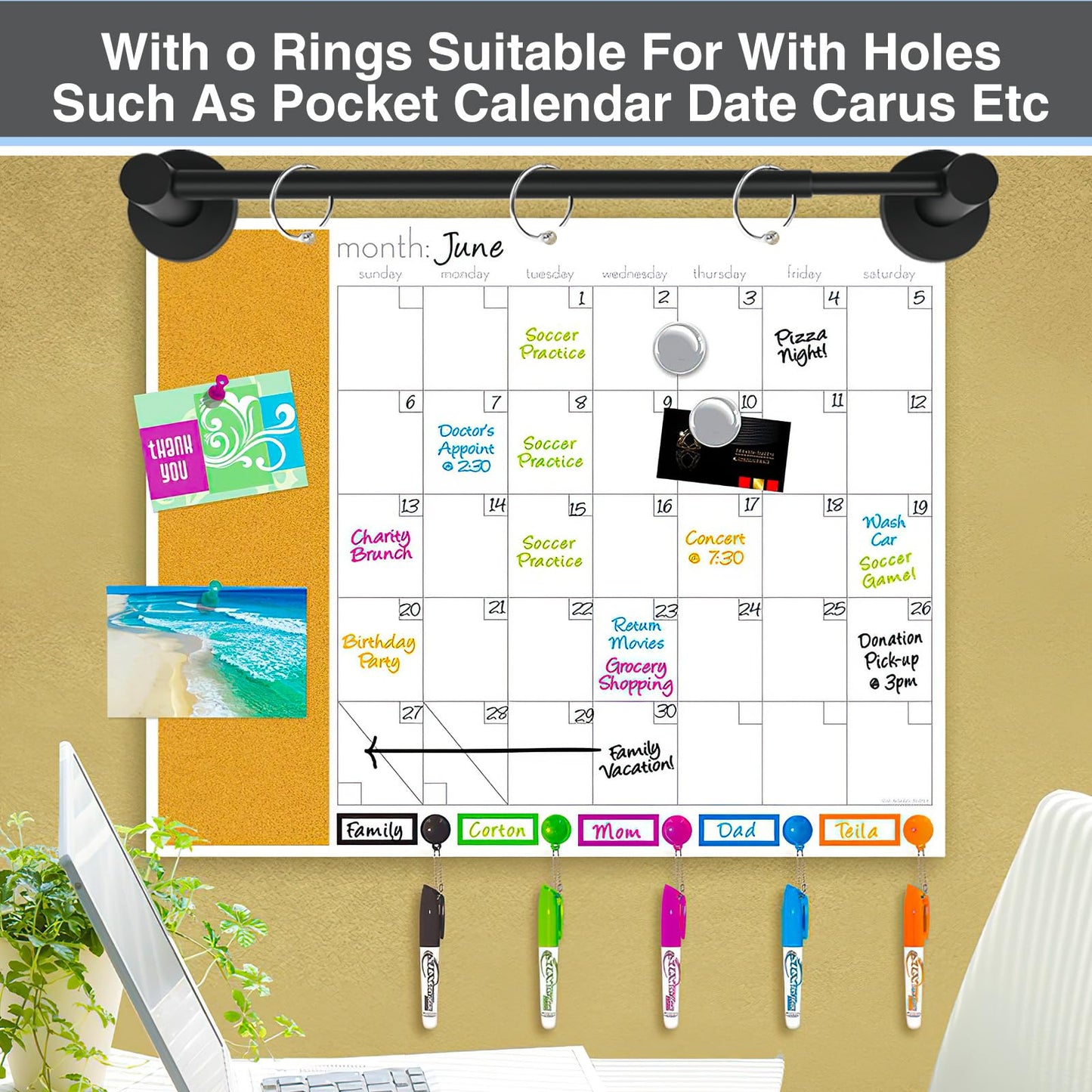 Rukinovi Heavy Duty Magnetic Holder Anchor Chart Organizer,Adjustable Calendar Display for Teachers,Stainless Steel Black 14"-30" Rod with 6 Rings & 4 Clips for Classroom, Home,Kitchen (Black)