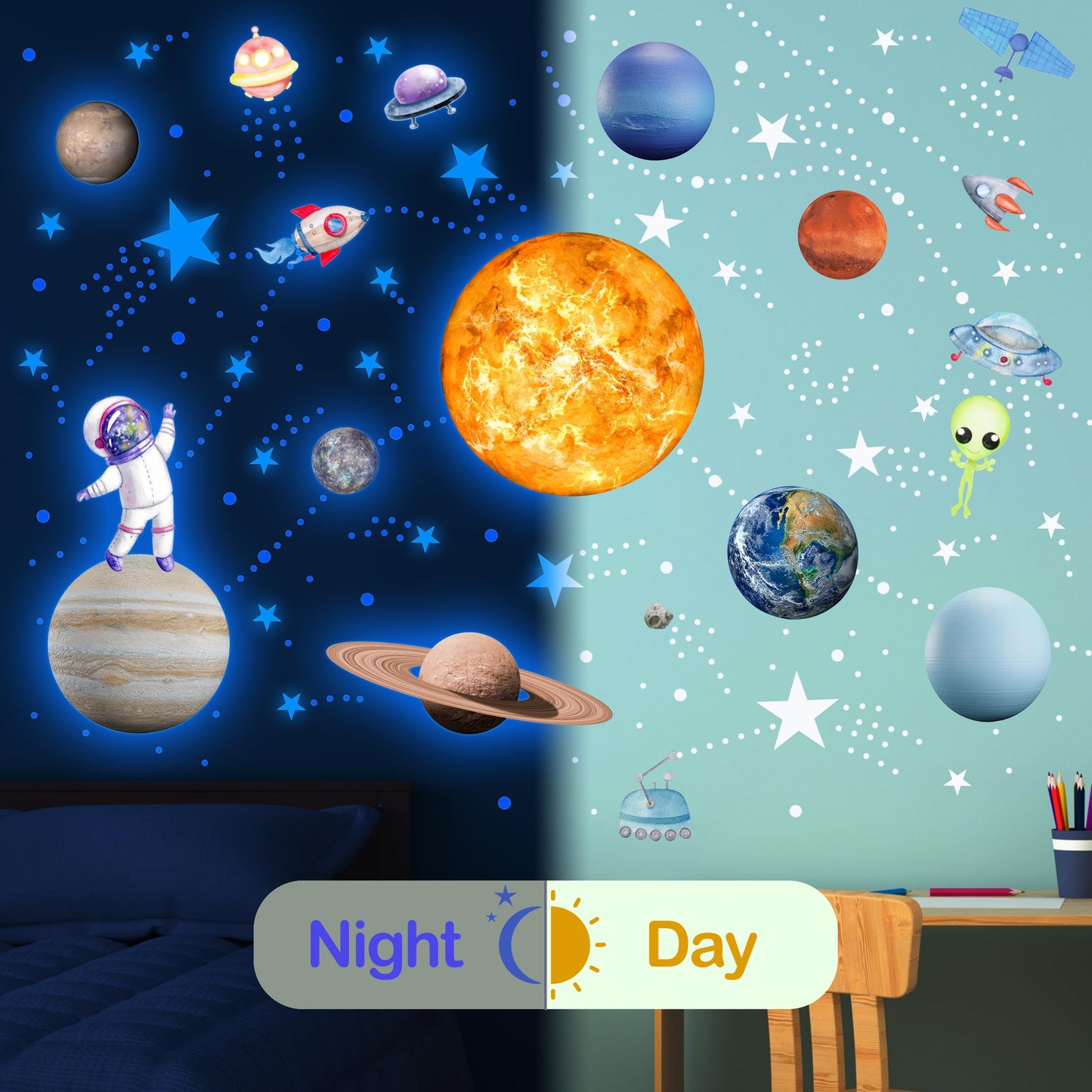 Glow in The Dark Stars Solar System Wall Decals, Star and Planets Stickers for Ceiling, Wall Sticker Decor for Kids Boys Room (Blue)