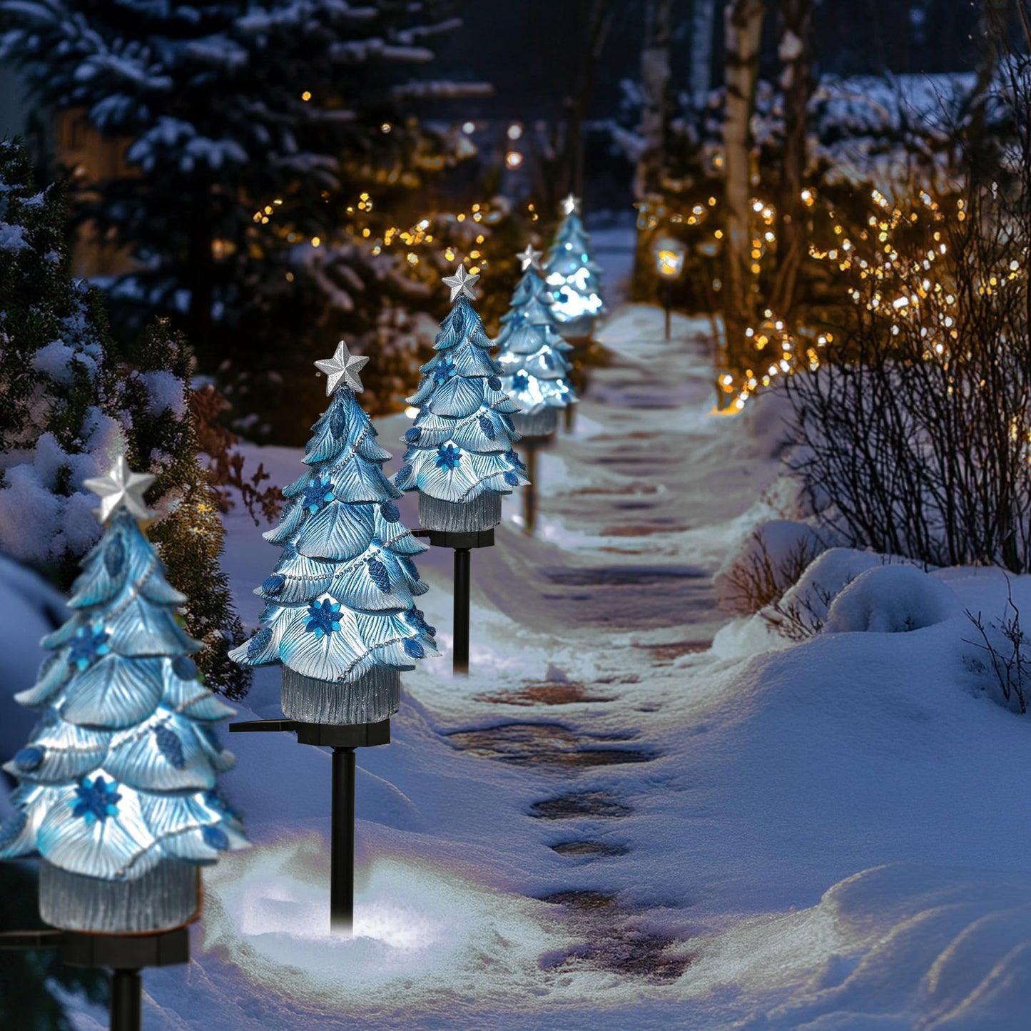Dazzle Bright Solar Powered Fairy Garden Lights, Resin Xmas Tree Pathway Stakes, Blue, 2 Pack