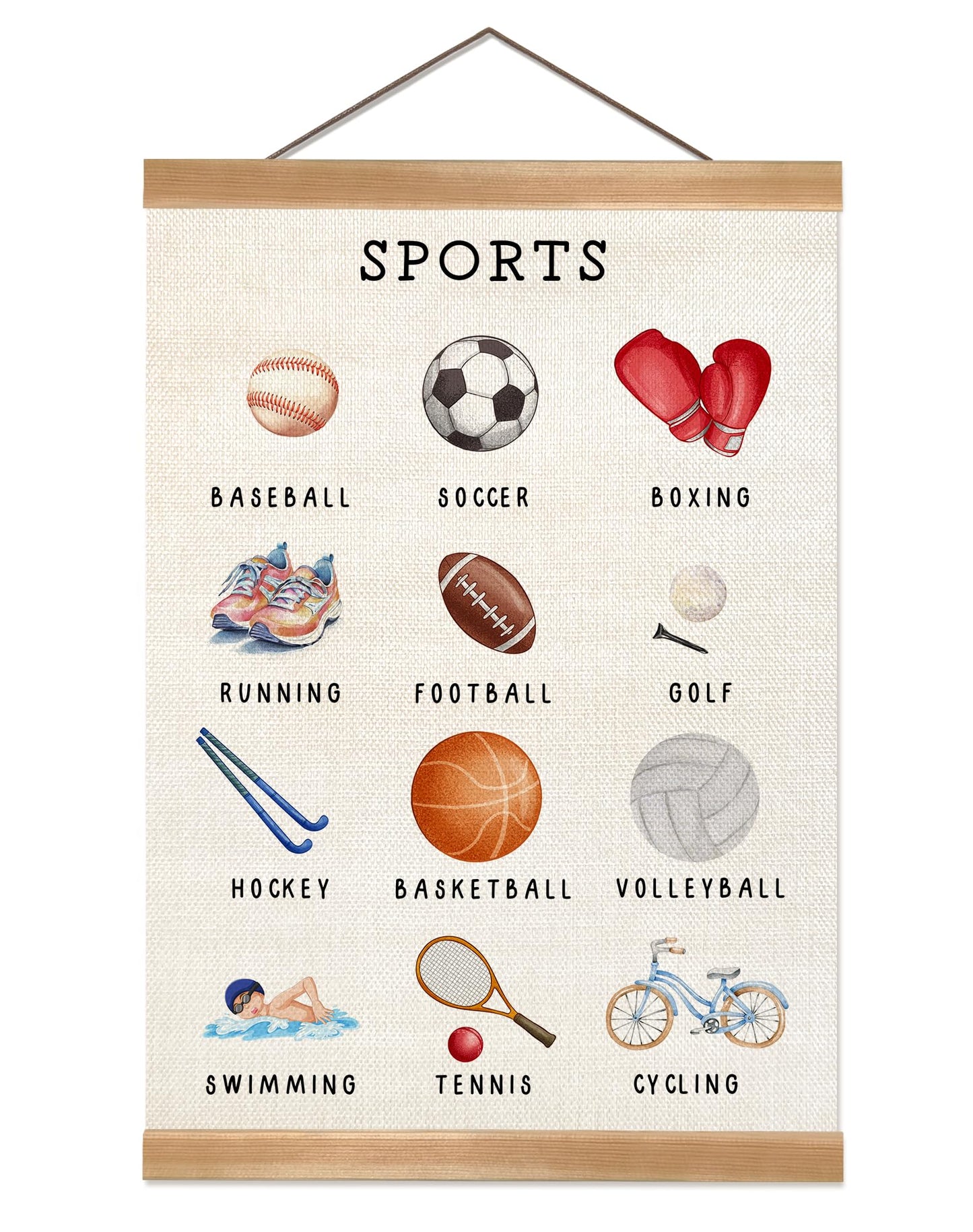 ZTGDA Sports Wall Art Poster–Sports Educational Canvas Print Poster with Hanger Frame, Cute Illustration Wall Banner for Classroom Playroom Nursery Decor 12x16Inch