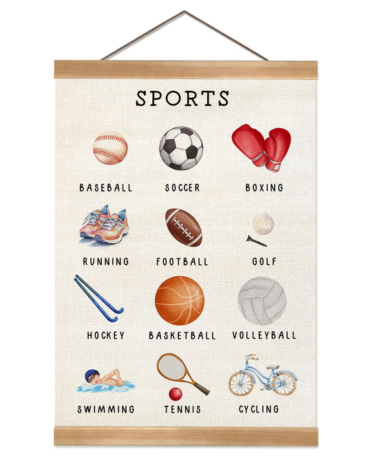 ZTGDA Sports Wall Art Poster–Sports Educational Canvas Print Poster with Hanger Frame, Cute Illustration Wall Banner for Classroom Playroom Nursery Decor 12x16Inch