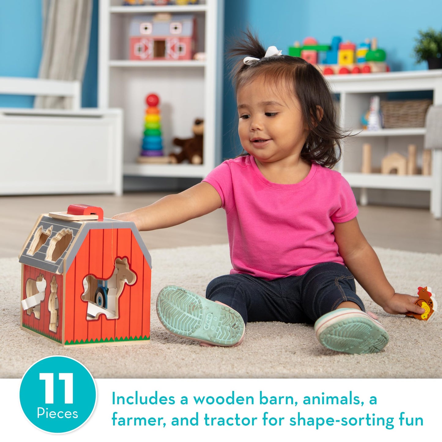 Melissa & Doug Take-Along Wooden Toy Barn, 11-Pc Portable Toddler Playset with Farm Animals & Pop-Up Roof, Preschool Learning Toys for Girls & Boys 2+