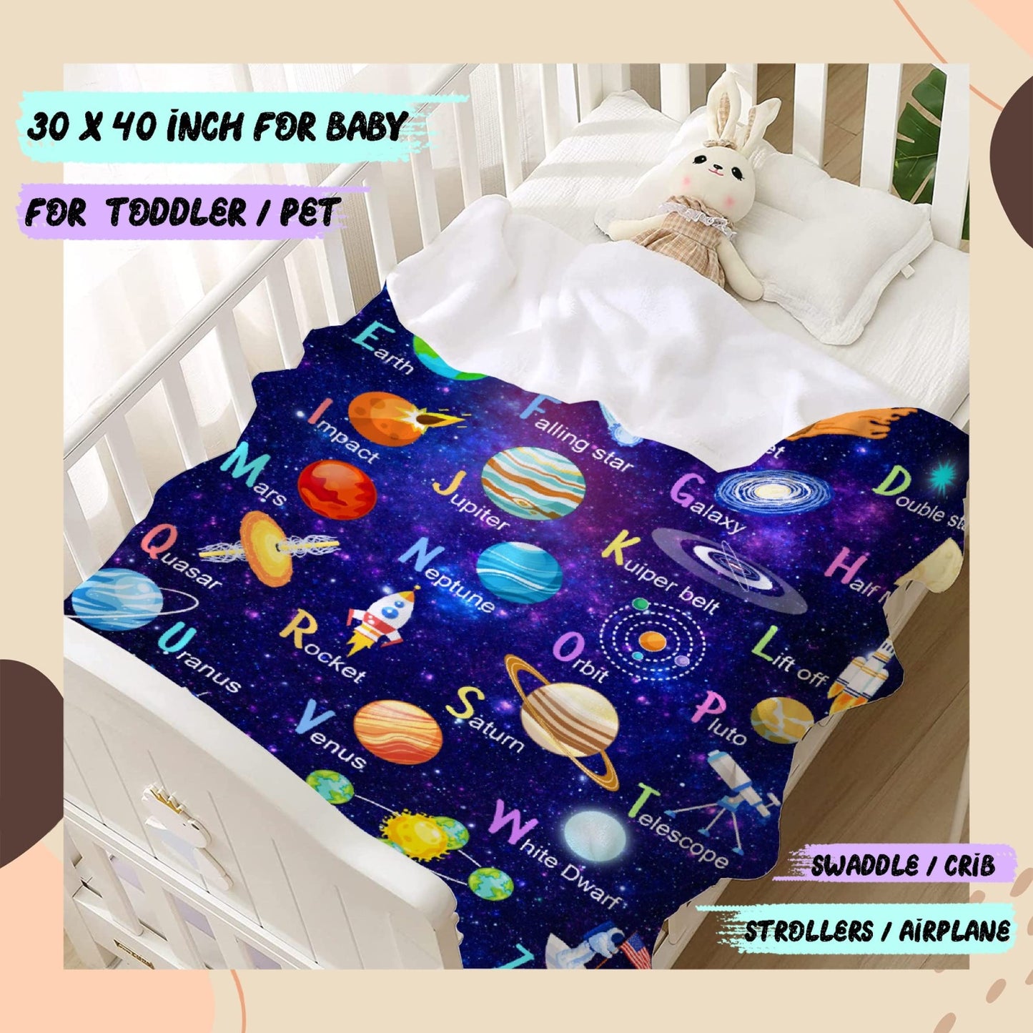 ARTBLANKET Space Alphabet Throw Blanket Fannel Fleece Super Soft Funny Blanket Travel Throw Blanket for Bed Couch Sofa 40 x 30 Inch for Baby