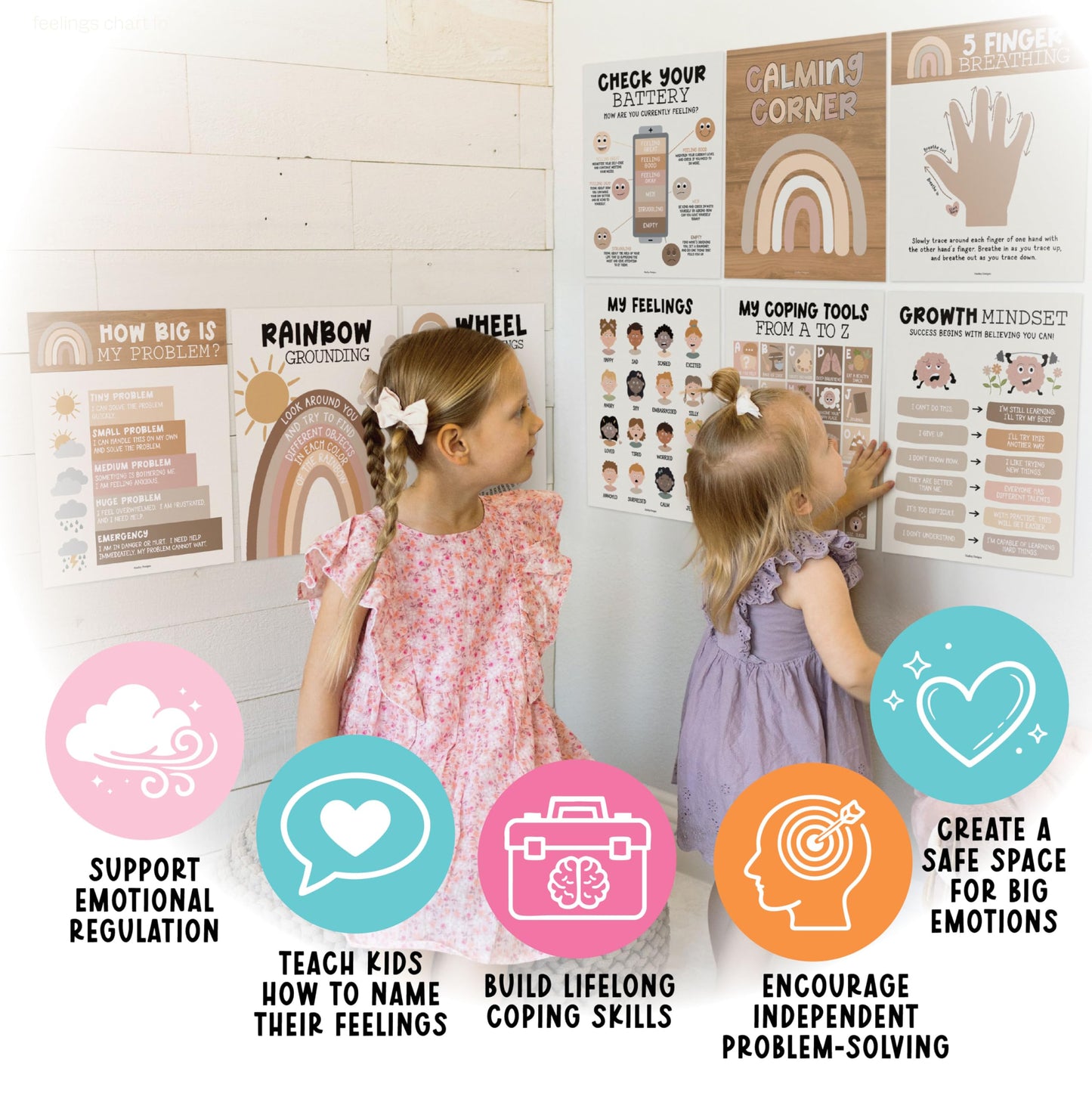 Hadley Designs 9 Calming Corner Posters for Classroom Must Haves - Calm Down Corner Supplies with Emotions Chart, School Counselor Mental Health Poster, Feelings Chart For Kids, Boho Classroom Decor