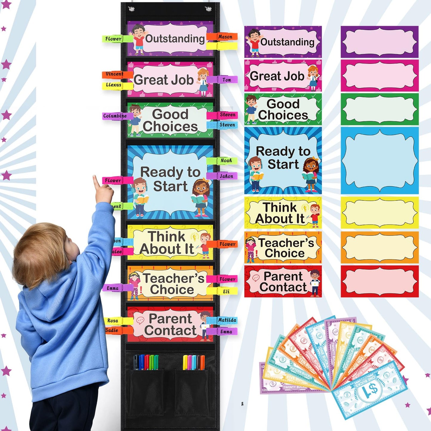 Pasimy 59 Pcs Student Behavior Clip Chart for Classroom Management Kids Track Reward Incentive Behavior Pocket Chart Boho Bulletin Board Teacher Supplies for School Office(Bright)
