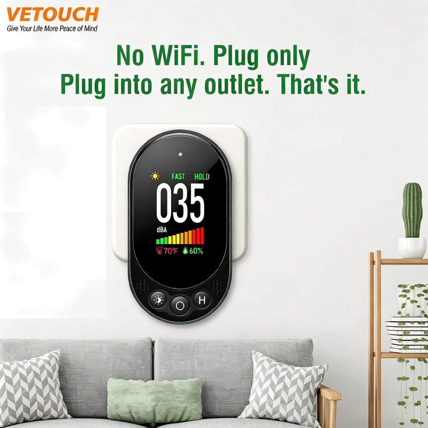 VETOUCH Plug-in Noise Meter Digital Sound Level, 3 in 1 Decibel Meter with Temp Humidity, 30-130dB Portable SPL, AC Powered, Data Hold, Max Min, Fast/Slow, 1.83" LCD, Meter for Home RV