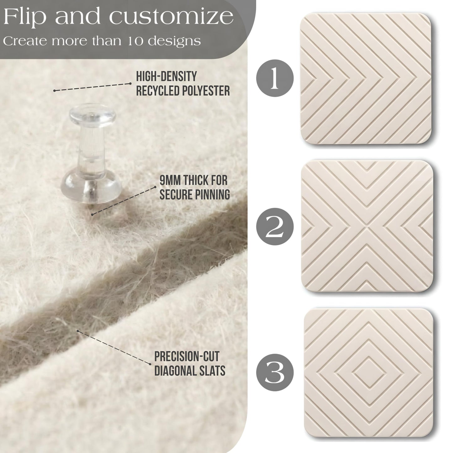 Felt Bulletin Board for Wall – Diagonal Slat Pinboard Tiles, Cork Board Alternative, 36x48in, Push Pins & Adhesive Tabs, Home Office & Classroom, 12-Pack (Warm Ivory)