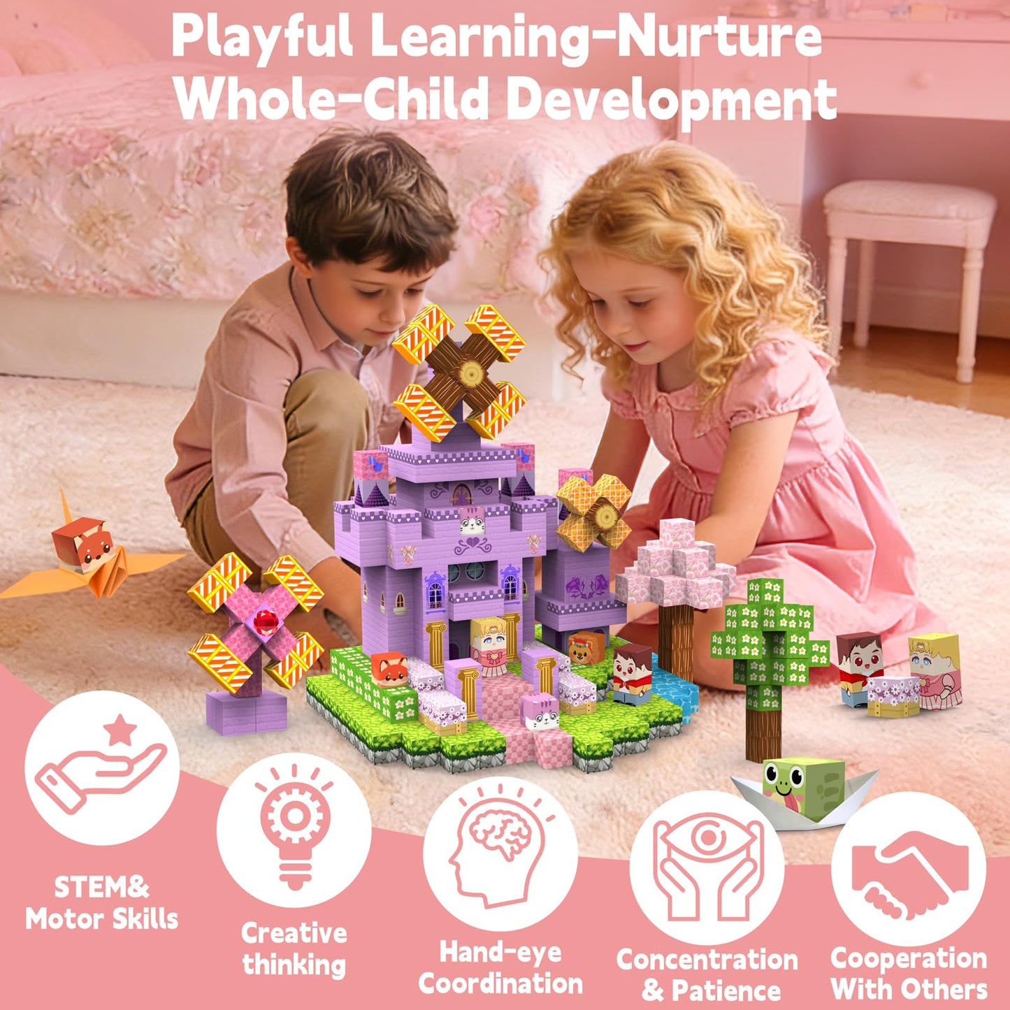 Gryxpox 200 PCS 0.8in Magnetic Blocks, Magnetic Building Cubes, Build Pink Castle World Set,Stacking Magnets, STEM Sensory Toys for Ages 3+ Toddlers Kids Girl Boys Easter Birthday Gifts
