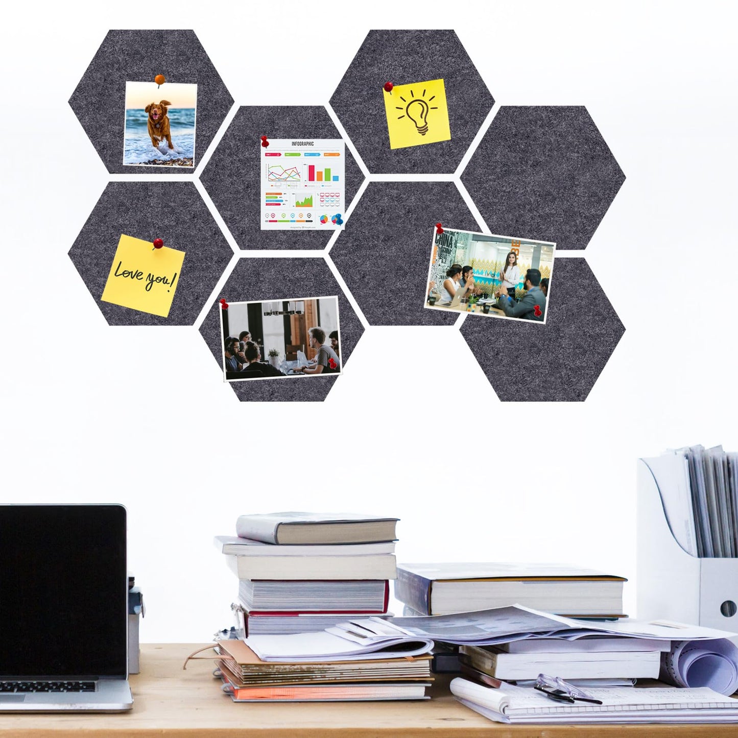 HULAVO Large Hexagon Felt Cork Board Tiles, Self Adhesive DIY Felt Bulletin Board Pin Board with 35 Pushpins for Office School Home Wall Decor Stickers Memos Photos Display(Deep Grey)