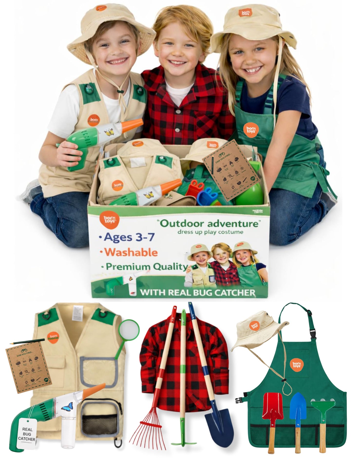Born Toys 3-in-1 Toddler Dress Up Clothes for Boys & Girls Ages 3-7, Gardener, Farmer, Explorer or Safari Outfit, Pretend Play Career Outdoor Adventure Set, Washable Costumes for Kids, Gift Ready Set