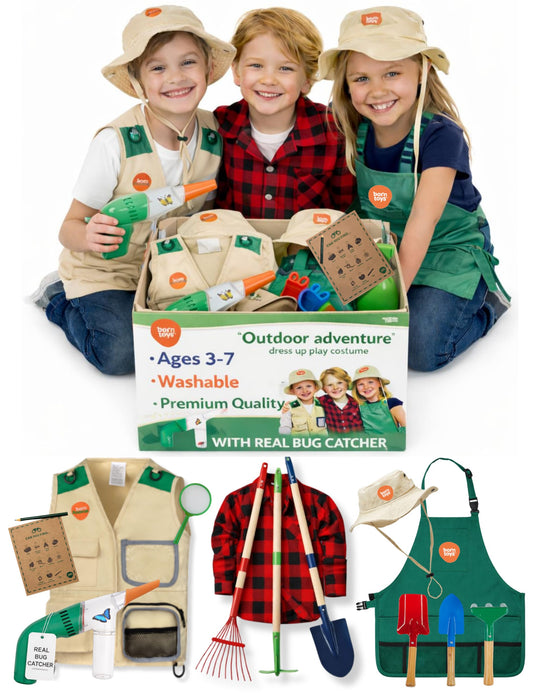 Born Toys 3-in-1 Toddler Dress Up Clothes for Boys & Girls Ages 3-7, Gardener, Farmer, Explorer or Safari Outfit, Pretend Play Career Outdoor Adventure Set, Washable Costumes for Kids, Gift Ready Set