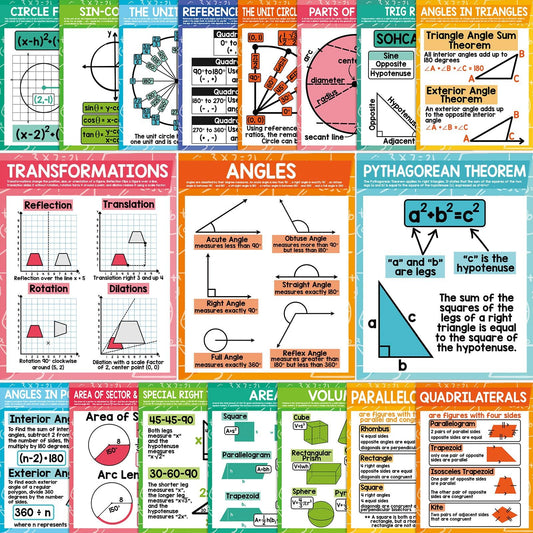 18Pcs Geometry Math Posters Angles Triangles Trigonometry Charts Educational Mathematics Poster for Middle High School Math Classroom Decor Hallway Bulletin Board Study Room Learning Supplies 14x11In