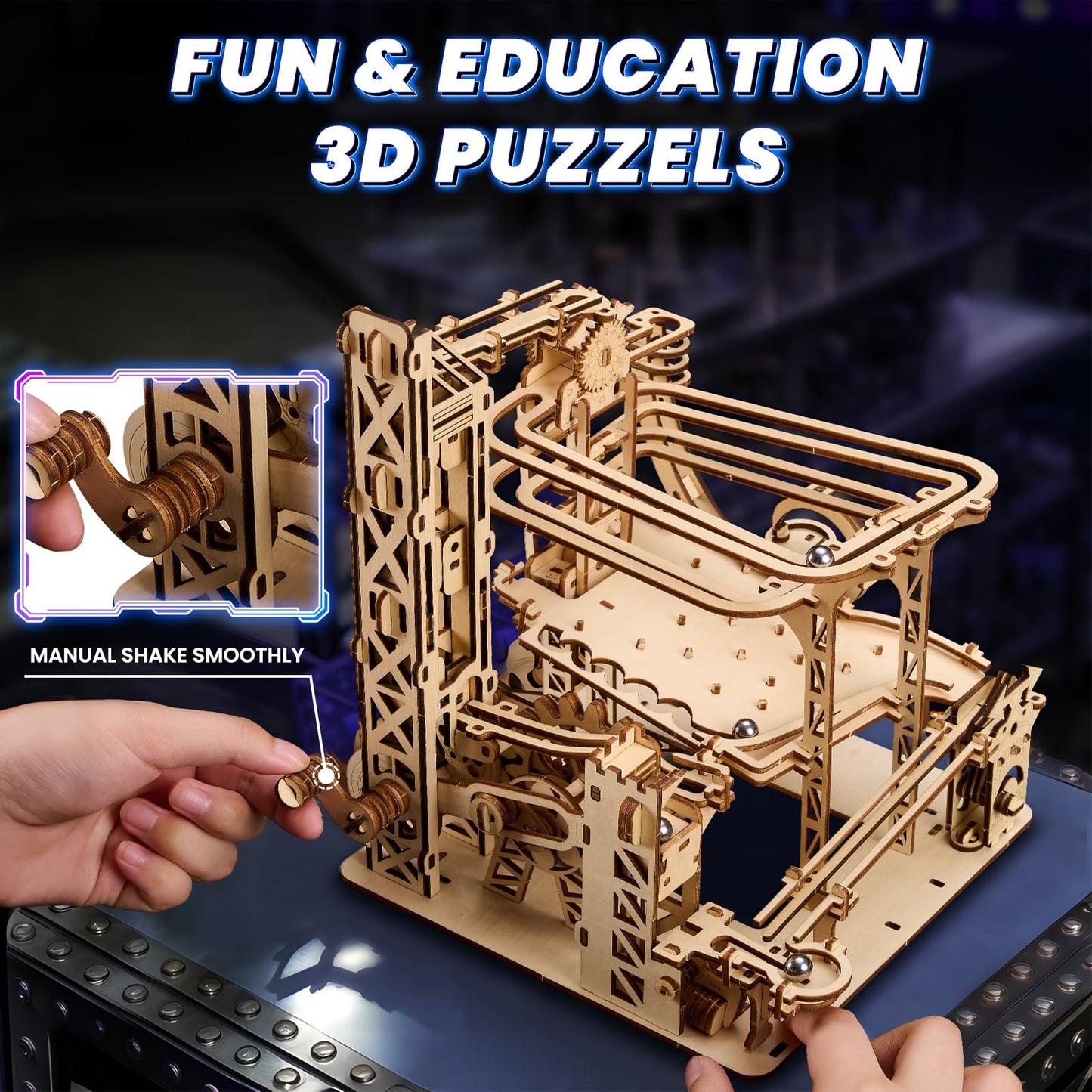 Uplike 3D Wooden Puzzles for Adults: 371pcs Wood Mechanical Marble Run Model Kits with Roller Coaster Building Set for Adults - 3D Brian Teaser Desk Toys Wooden Puzzles for Men Women Hobbies Gifts