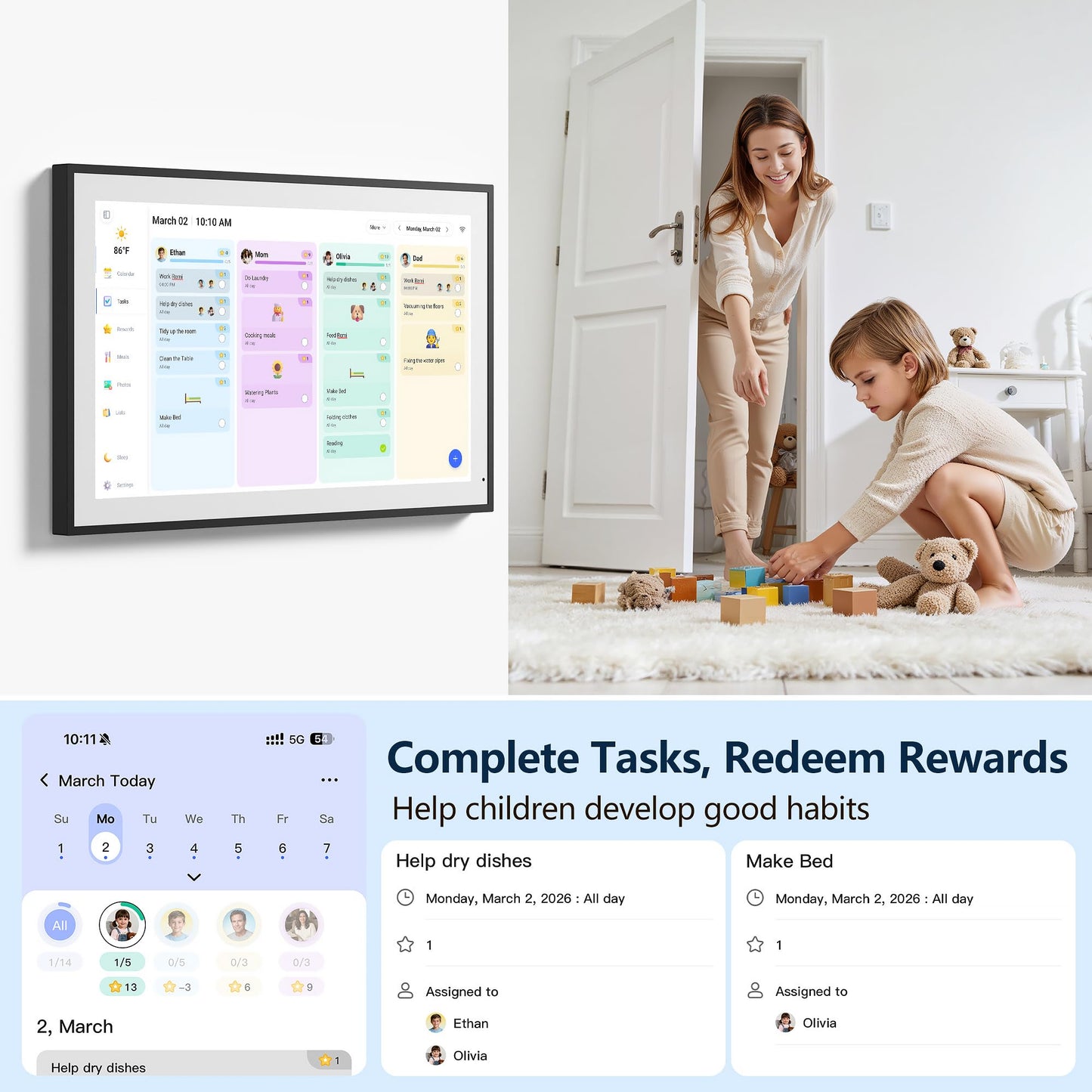 Digital Calendar, 15.6 Inch Wall Planner Electronic Calendar & Chore Chart, Smart Touchscreen Interactive Display for Family Schedules, Great for Organizing Your Routines, Wall & Desk Mountable