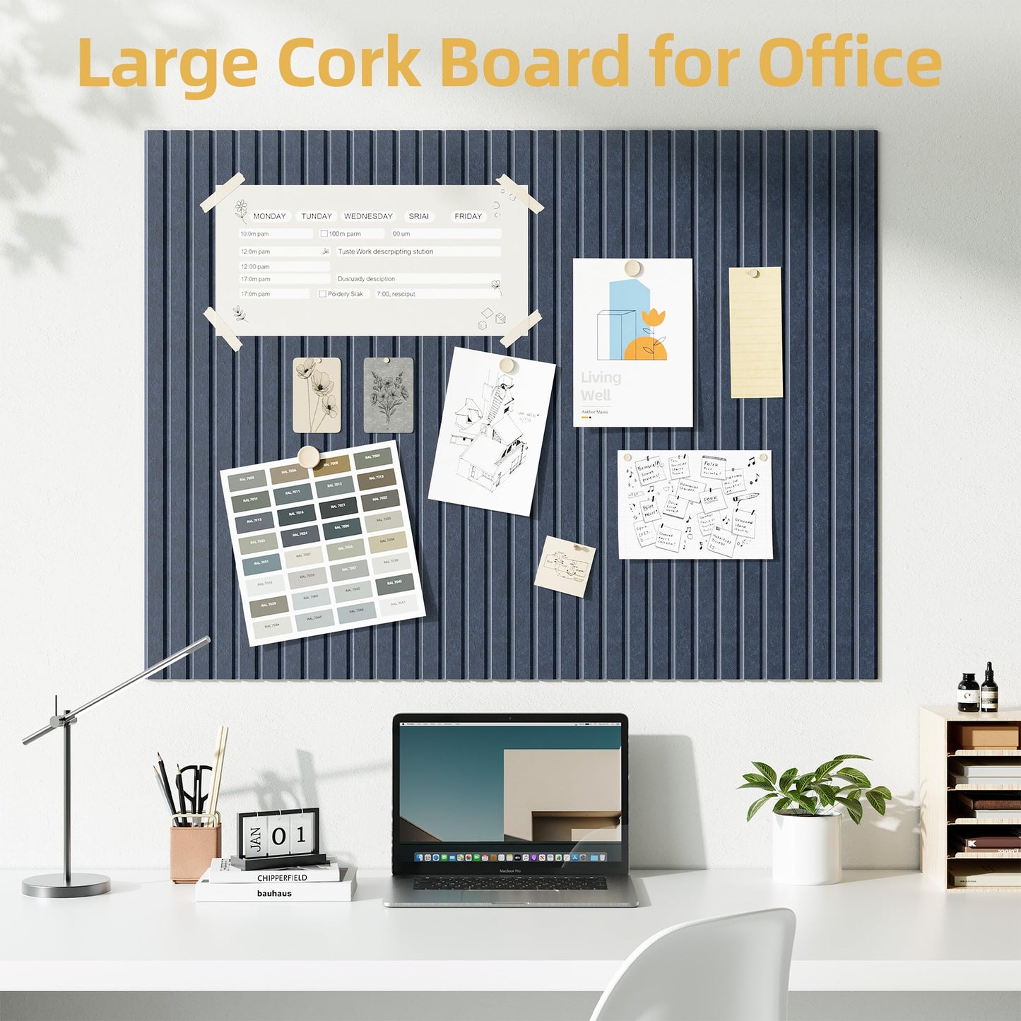 Large Cork Board for Wall 36" x 48" Blue Bulletin Board with Safe Removable Adhesive Squares for Pictures Photos, Alternative CorkBoard Felt Pin Boards Tiles for Office Classroom Wall Decor - 12 Pack