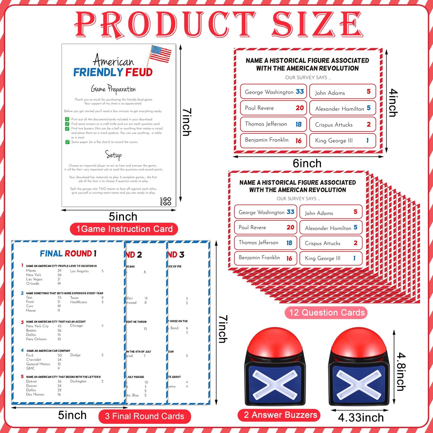 Syhood 4th of July Friendly Feud Game with Answer Buzzer, Patriotic Independence Day Feud Party Game, Fun Family Trivia Quiz Night for Party, Adults, Office, Classroom, Large Group and Team Building