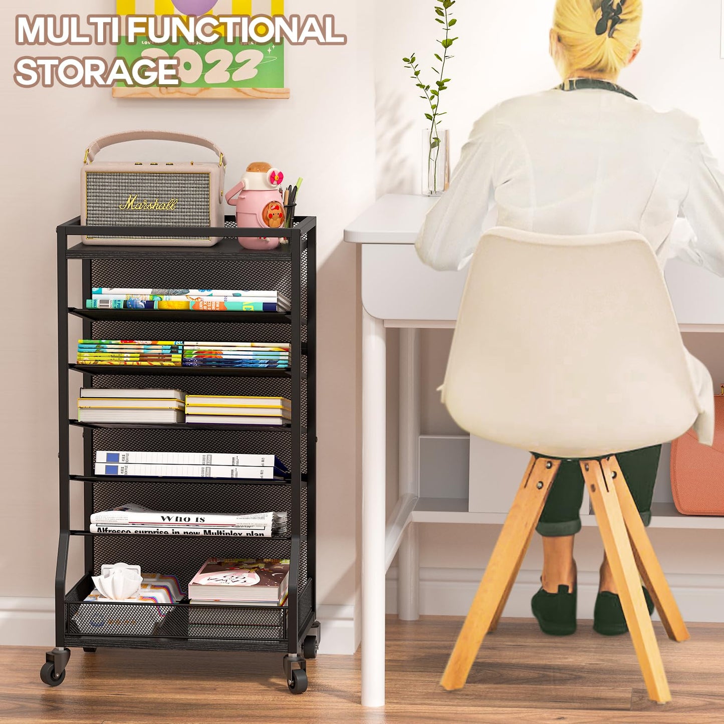 ThreeHio 7 Tier Rolling File Cart with Sliding Trays, Wood Metal File Organizer Beside Desk, Free-Standing File Holder, Paper Letter Tray Organizer Mesh Desk Organizer for Home Office School (Patent)
