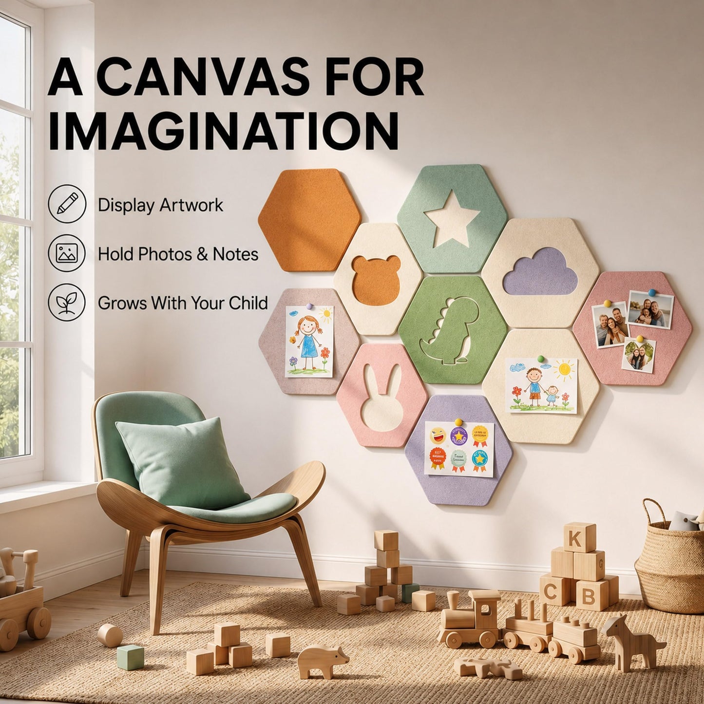 HBK 10 Pack Self Adhesive Felt Bulletin Board Tiles for Wall, 12 Inch Hexagon Pin Board Set with Cute Shapes and Push Pins, Photo Memo Board for Kids Room, Nursery, Classroom, Home Office Decor