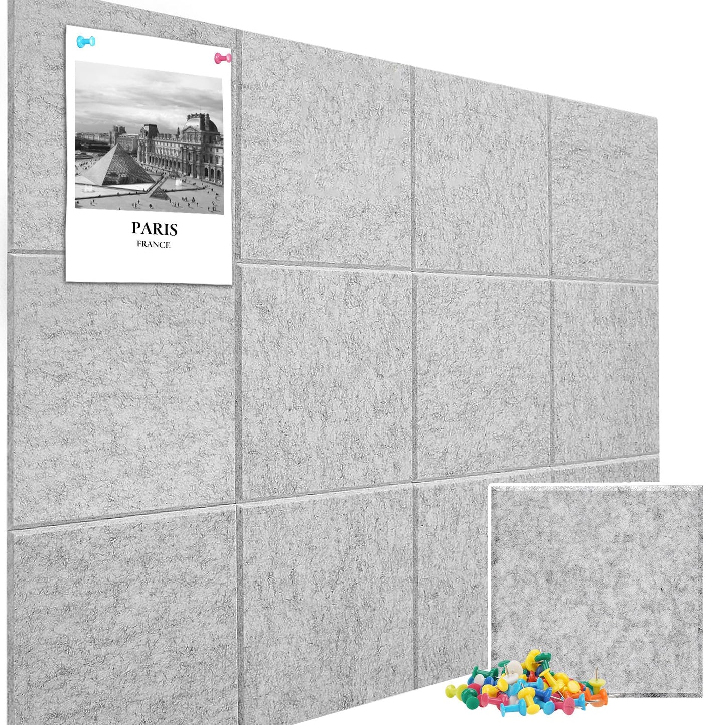 Large Cork Board Alternative 48" X 36" Bulletin Board - 12 Pack Removable Felt Wall Tiles with 30 pushpins, Large Cork Boards for Walls Cork Board for Office Pin Board Tack Board - Silver Gray