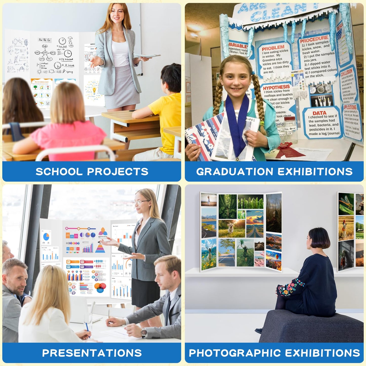 VinTS 36" x 48" Large Trifold Poster Board,4 Pack White Corrugated Foldable Project Boards for Science Fair, School Projects,Photo Displays