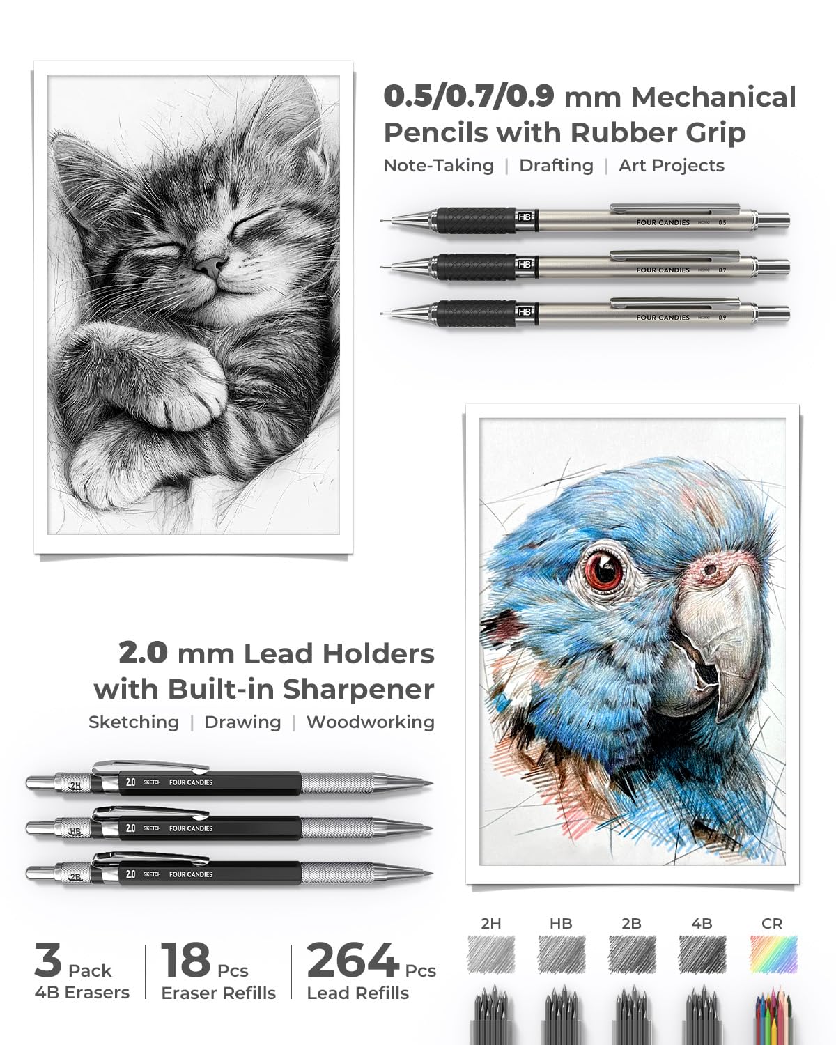 Four Candies 45 PCS Stationery Set with Pen Case, College Supplies and Nursing Student Essentials, 12 Pastel Highlighters, 6 Black Gel Pens, 6 Mechanical Pencils, Black