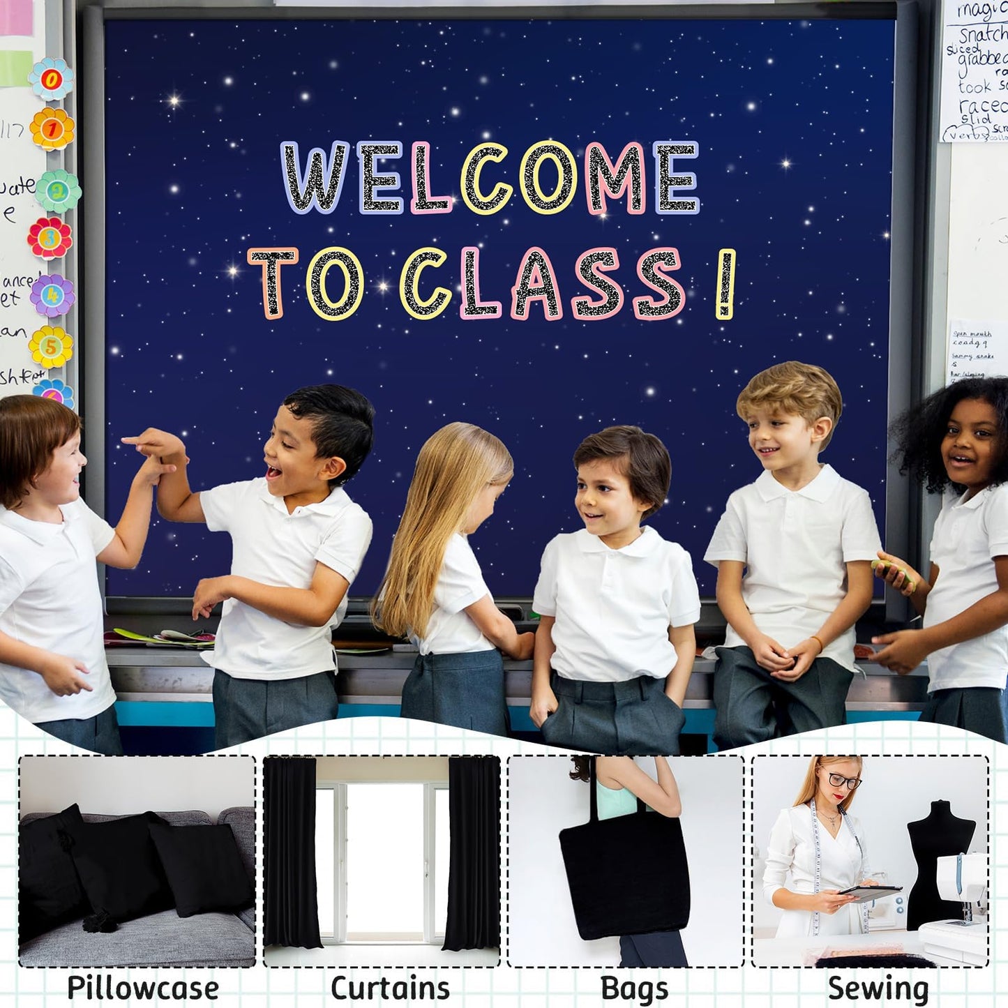 120x47 in Bulletin Board Fabric Background Back to School Classroom Decoration Large Polyester Photography Backdrop for Class Home Office Wall Decor Pillows Curtains Crafts Starry