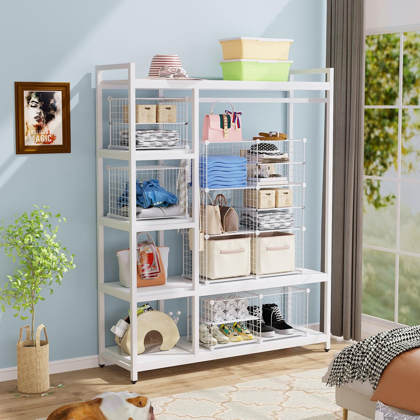 C&AHOME Wire Cube Storage Unit, Interlocking Metal Wire Organizer with Divider Design, Modular Cabinet with Plastic Panels, Bookshelf Stackable Closet Organizer with Small Hooks, White UWCSIM08W