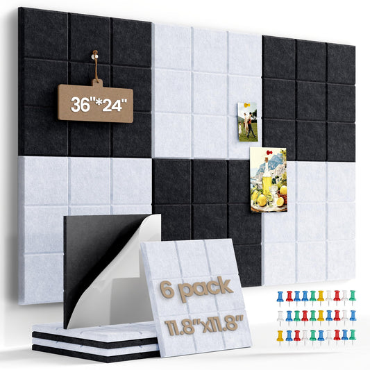 Uoisaiko Large Felt Board Tiles for Wall with 30 Push Pins, 11.8"x11.8" Pack of 6 Pin Board Notice Boards for Home Office Kitchen, Bulletin Board Wall Tiles for Photos Memos (Black+White, 6 Pack)