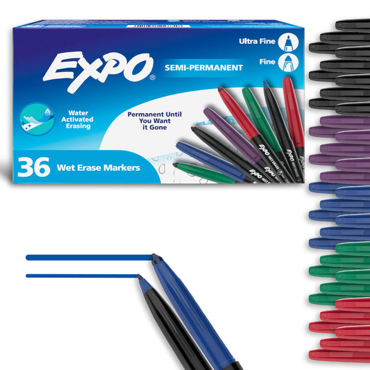 EXPO Wet Erase Markers, Semi-Permanent, Fine and Ultra-Fine Tips, 36 Count - For Writing on Glass, Whiteboards, Mirrors, Calendar, Labeling, Organizing