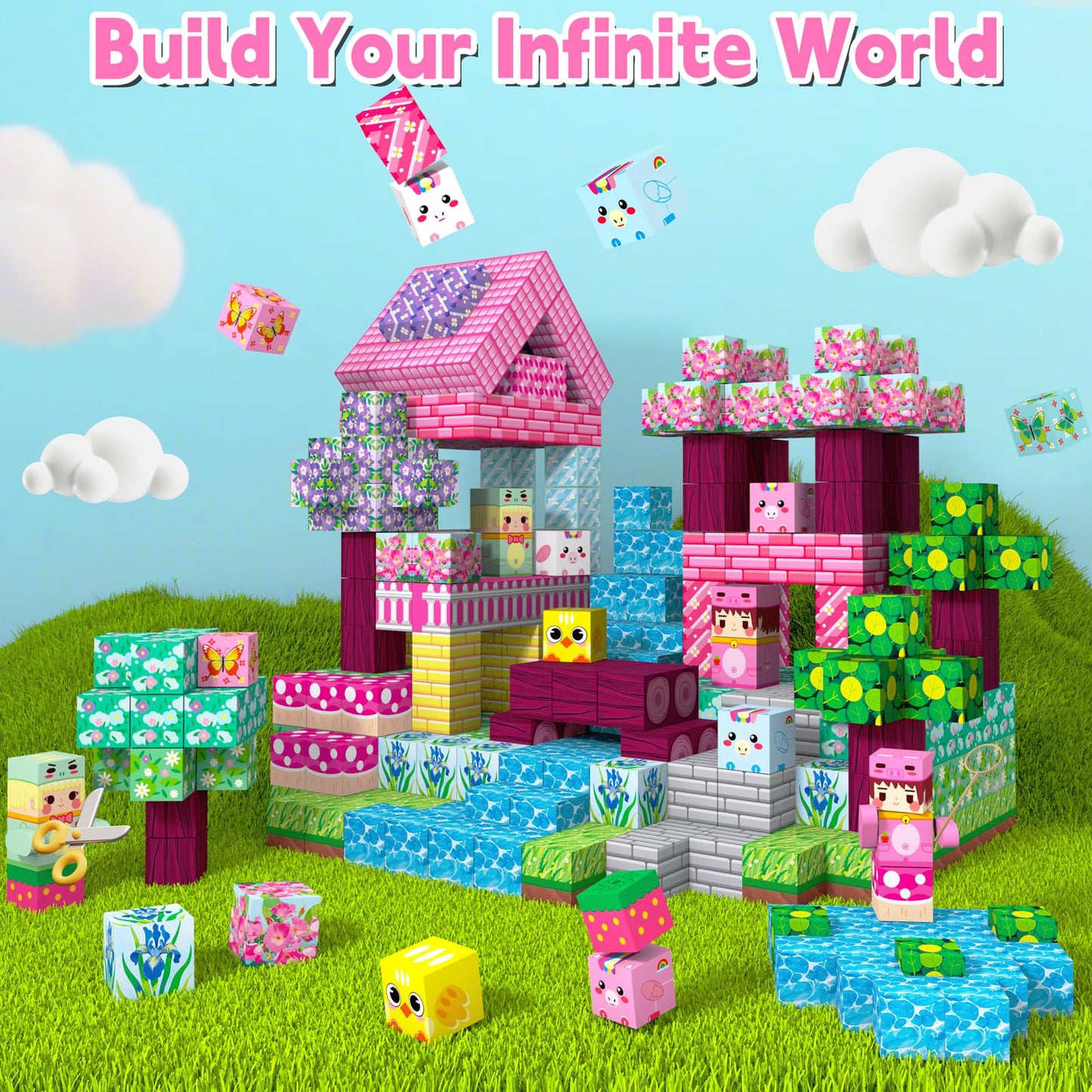 Gryxpox 200 PCS 0.8in Magnetic Blocks,Magnetic Building Cubes, Build Flower World Set,Stacking Magnets, STEM Sensory Toys for Ages 3+ Toddlers Kids Girl Boys Easter Birthday Gifts