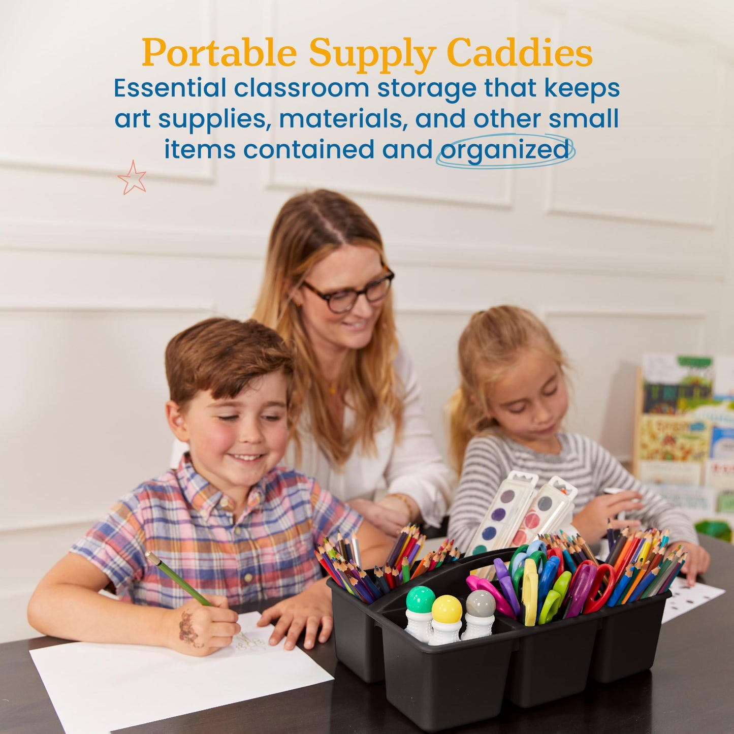 ECR4Kids 6-Compartment Large Plastic Caddy, Multipurpose Organization, Black, 6-Pack
