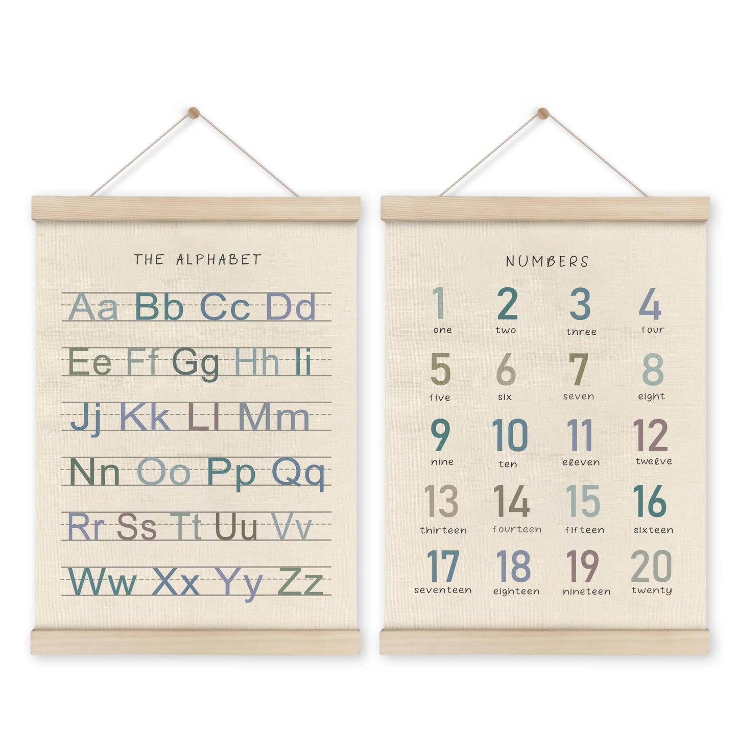 HRQKO Alphabet Numbers Poster Hanger Frame Set of 2, Nursery Wall Decor, Boho ABC Poster Wall Art with Wooden Frames, Alphabet Banner Wall Hanging Decor for Boy Toddler Room Playroom, 12x16 Inch