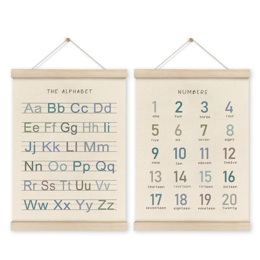 HRQKO Alphabet Numbers Poster Hanger Frame Set of 2, Nursery Wall Decor, Boho ABC Poster Wall Art with Wooden Frames, Alphabet Banner Wall Hanging Decor for Boy Toddler Room Playroom, 12x16 Inch