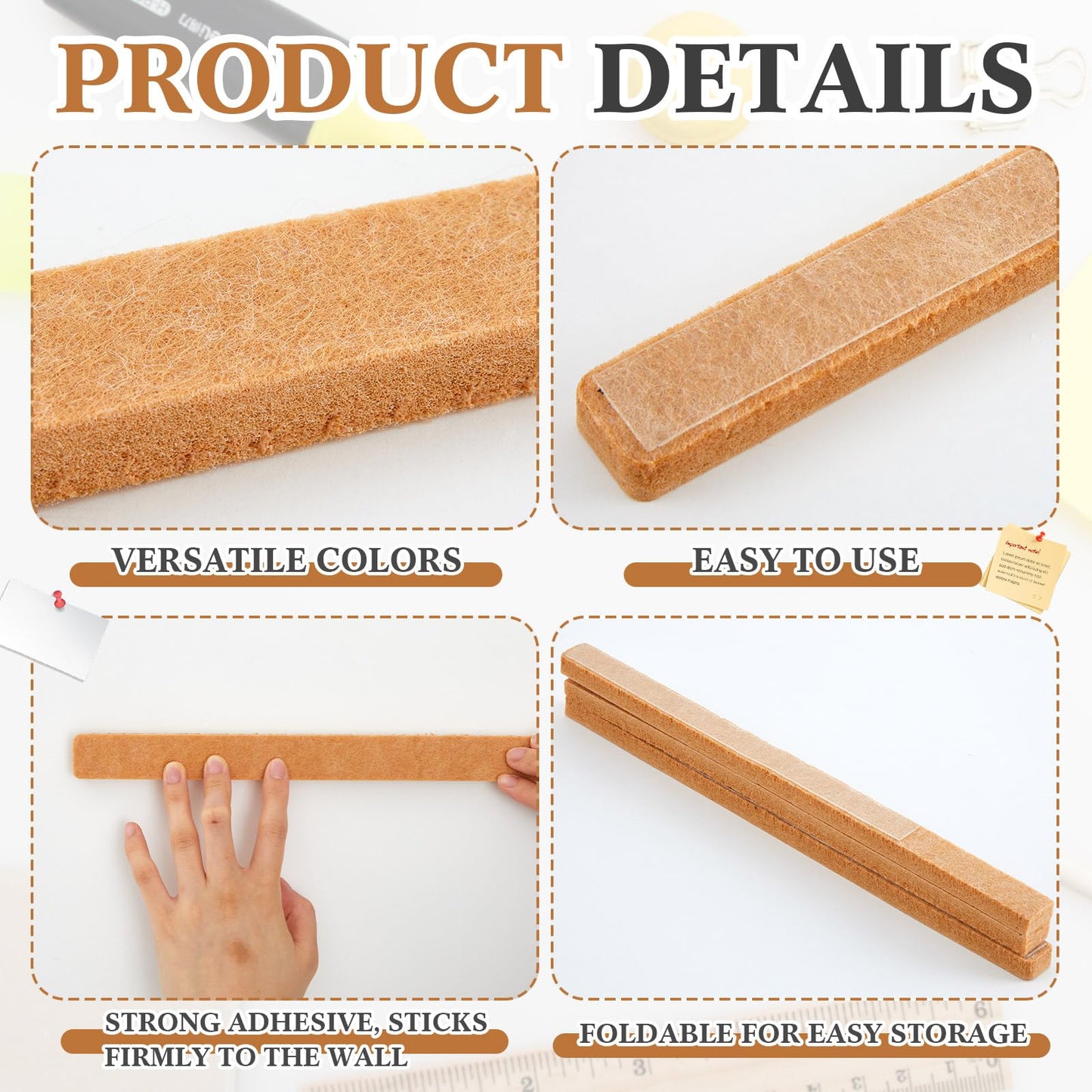 Mooliwe 4 Pcs 48" x 1" Foldable Felt Cork Strips Bulletin Bar Strip for Wall,Notice Board Self Adhesive Cork Wall Decoration,Paste Note,Photo,Schedules,Office Home Decor