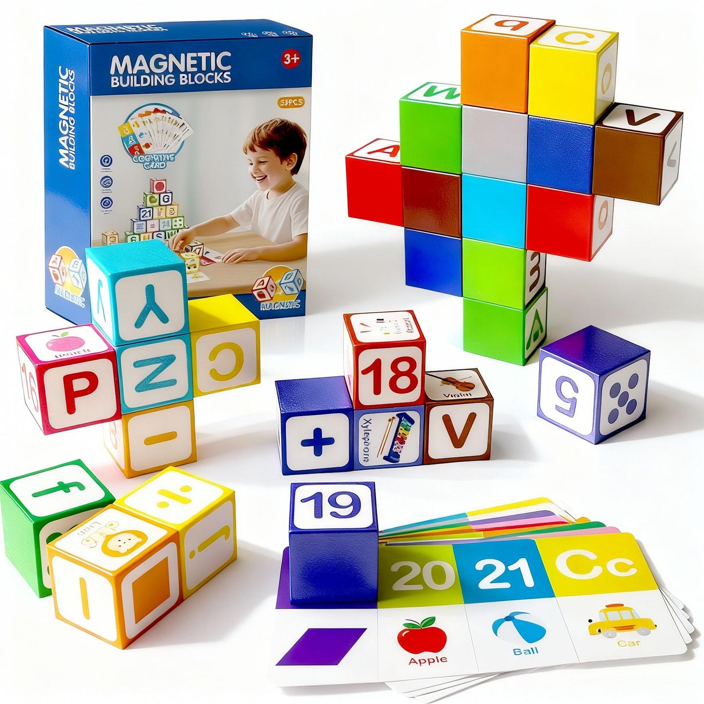 26 Pcs Magnetic Alphabet Blocks for Toddlers 1-3, ABC & Number Stacking Blocks with 9 Learning Cards, Educational Montessori STEM Toys for Kids Ages 3+ ，Montessori Toys for Boys Girls Gifts