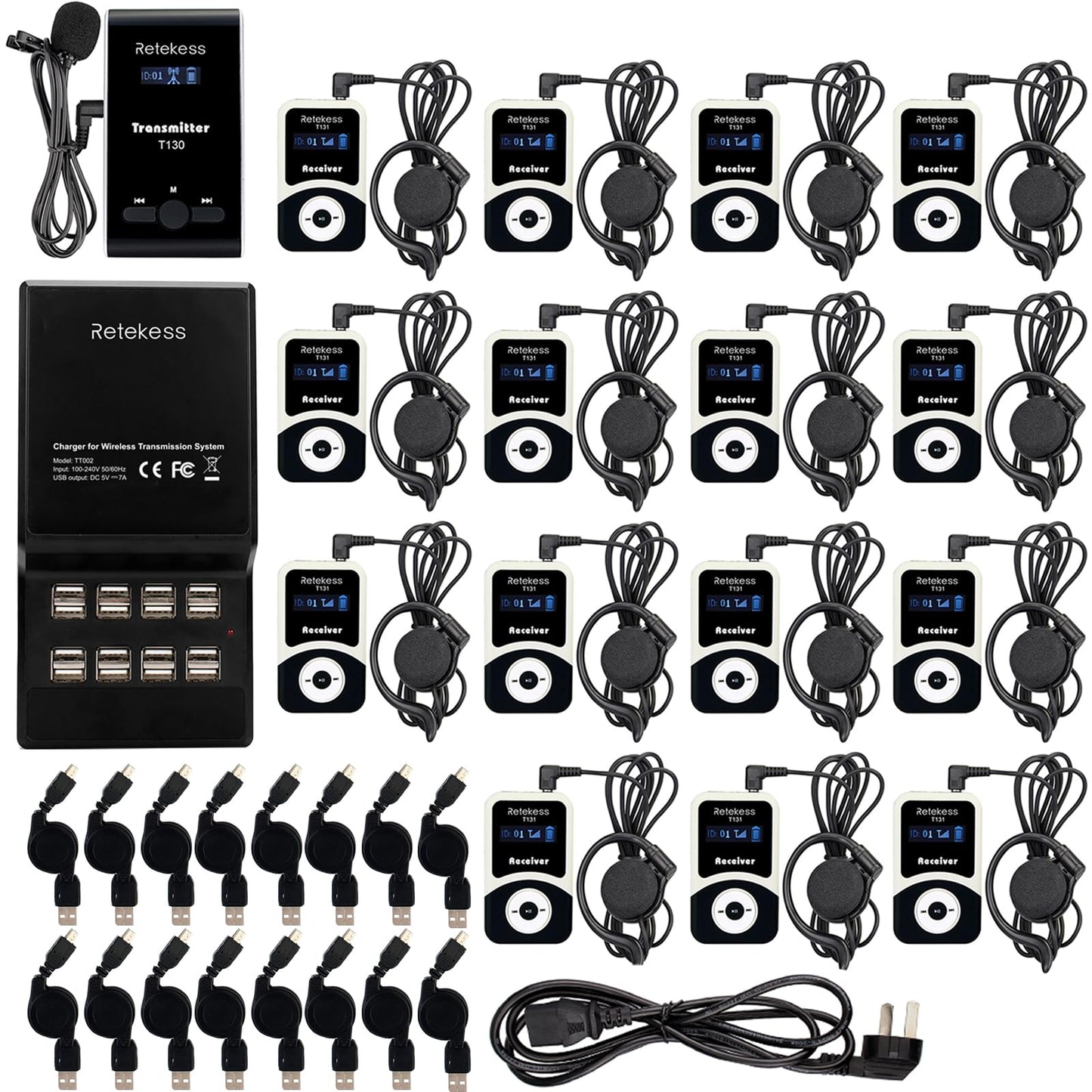 Retekess T130 Church Translation System, Tour Guide Audio System, High Sound Quality Reproduction, Walking Tour Headsets for Court,School (1 Transmitter 15 Receivers and 1 USB Charger)