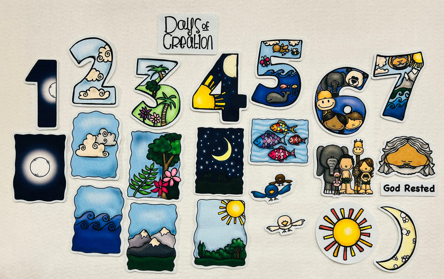 Days of Creation 23 PRECUT Felt Figures Bible Felt/Flannel Board Stories Story Plus Lesson Guide & Activity Coloring Pages
