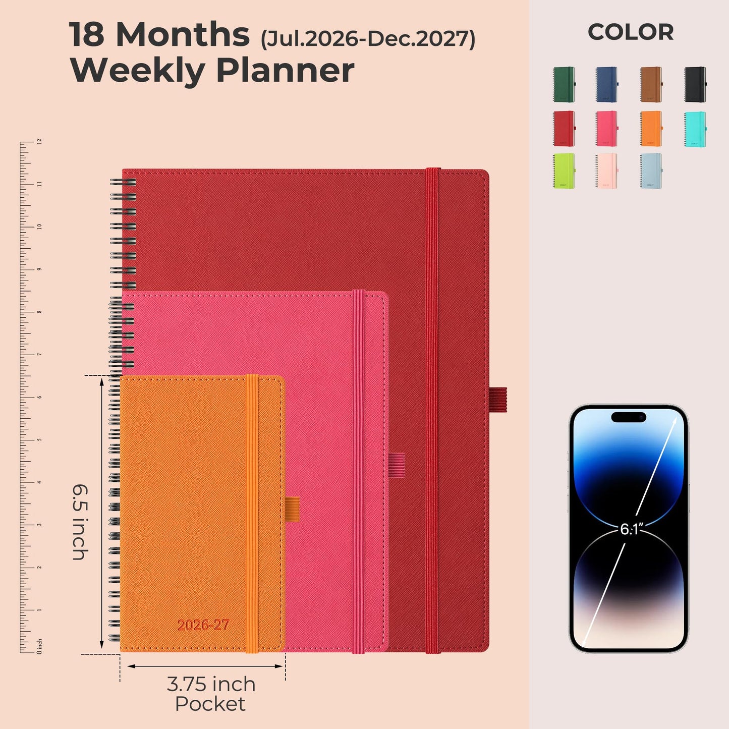 IN-LUXPRO Planner 2026-2027 Daily Weekly and Monthly,6.5"x3.75",18 Months Spiral Bound Calendar Agenda with Self-adhesive Pen Holder,2026 Academic Plan with Vegan Leather Soft Cover,Red