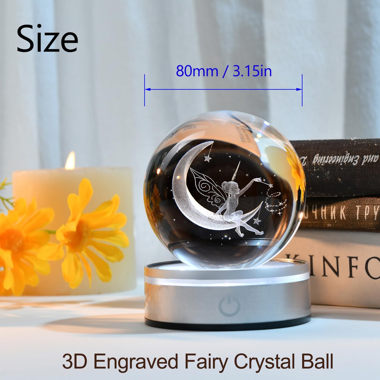 IFOLAINA Moon Crystal Ball 3D Laser Engraved Glass Ball Night Light Decorative Globes 3D Crystal Moon Sphere Gifts for Girl Her Fairy Lover, 1163Z