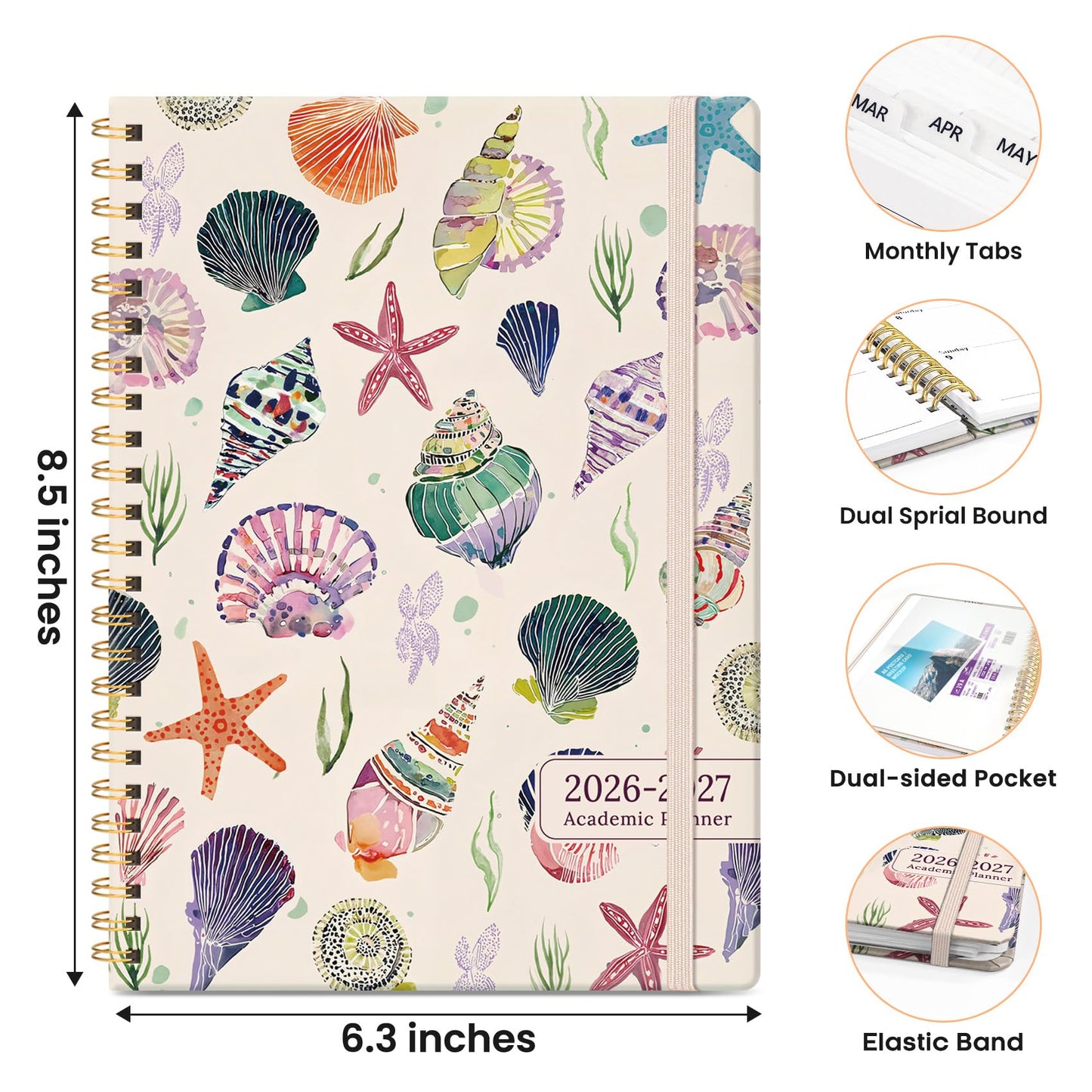 Academic Planner 2026-2027, Monthly and Weekly Calendar Planner, July 2026 - June 2027, Pretty Hardcover Teacher Student Planning Agenda Book with Tabs, Fit for School Office Supplies, 6.3" x 8.5", Sea Shell