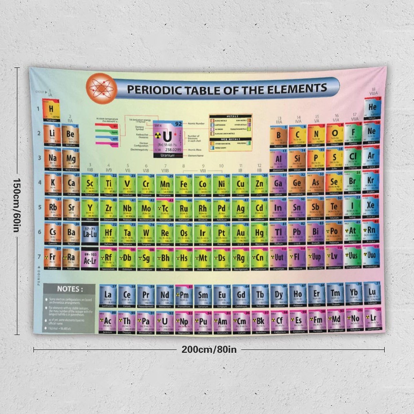 DDCBNS Periodic Table Tapestry,Science Chemistry Element Educational Print Educational Tapestry Wall Hanging Home Décor for Study Classroom Bedroom Living Room Dorm Office 80" x 60"