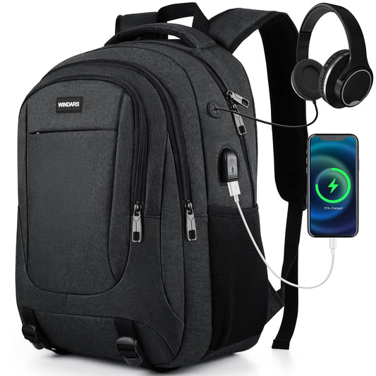 WINDARS Backpack for Men and Women, School Backpacks for Teens Boys, 15.6 Inch Large College Bookbag Durable Computer Laptop Bag with USB Charger Port for Business Work Travel, Black