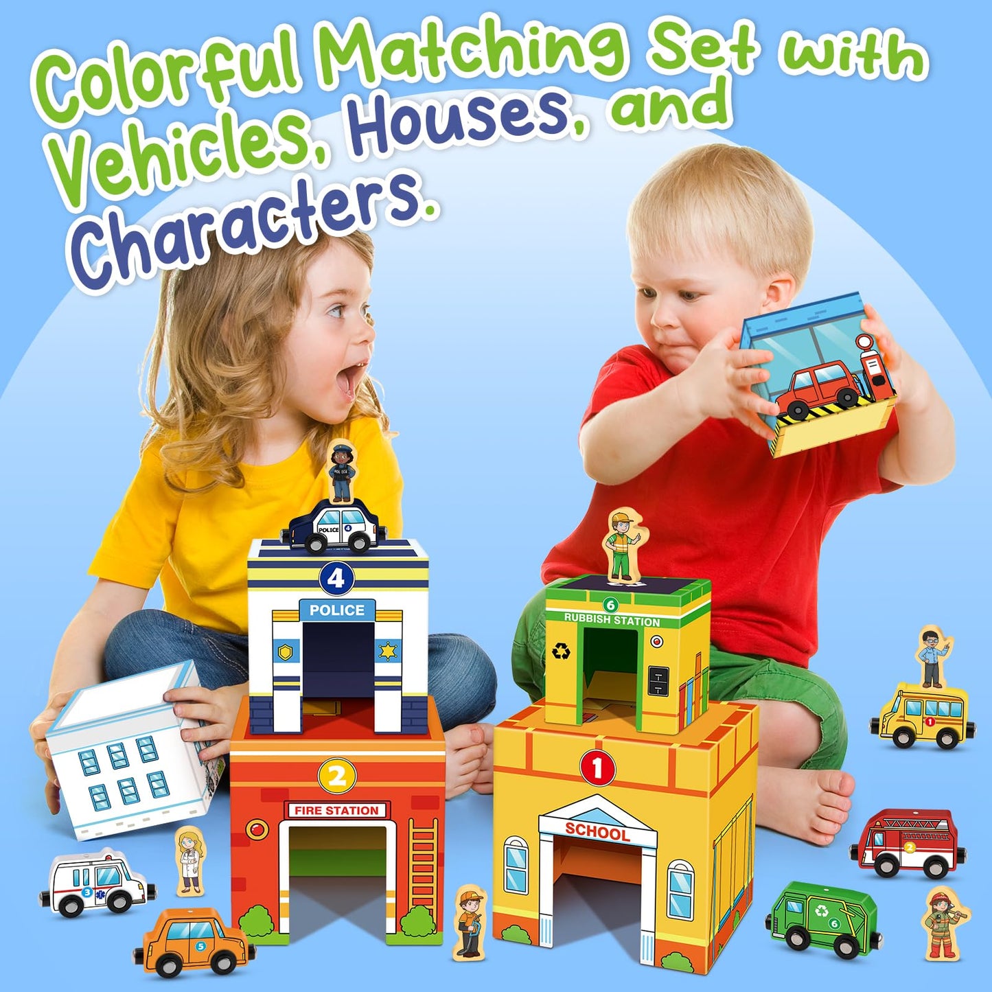 Aizweb Toddler Sorting&Stacking Toys with Magnetic Wooden Vehicle,Cars&Community Helpers,STEM Building Blocks,Educational Learning Montessori Gifts for 1 2 3 Year Old Boys Girls Preschool Kindergarten