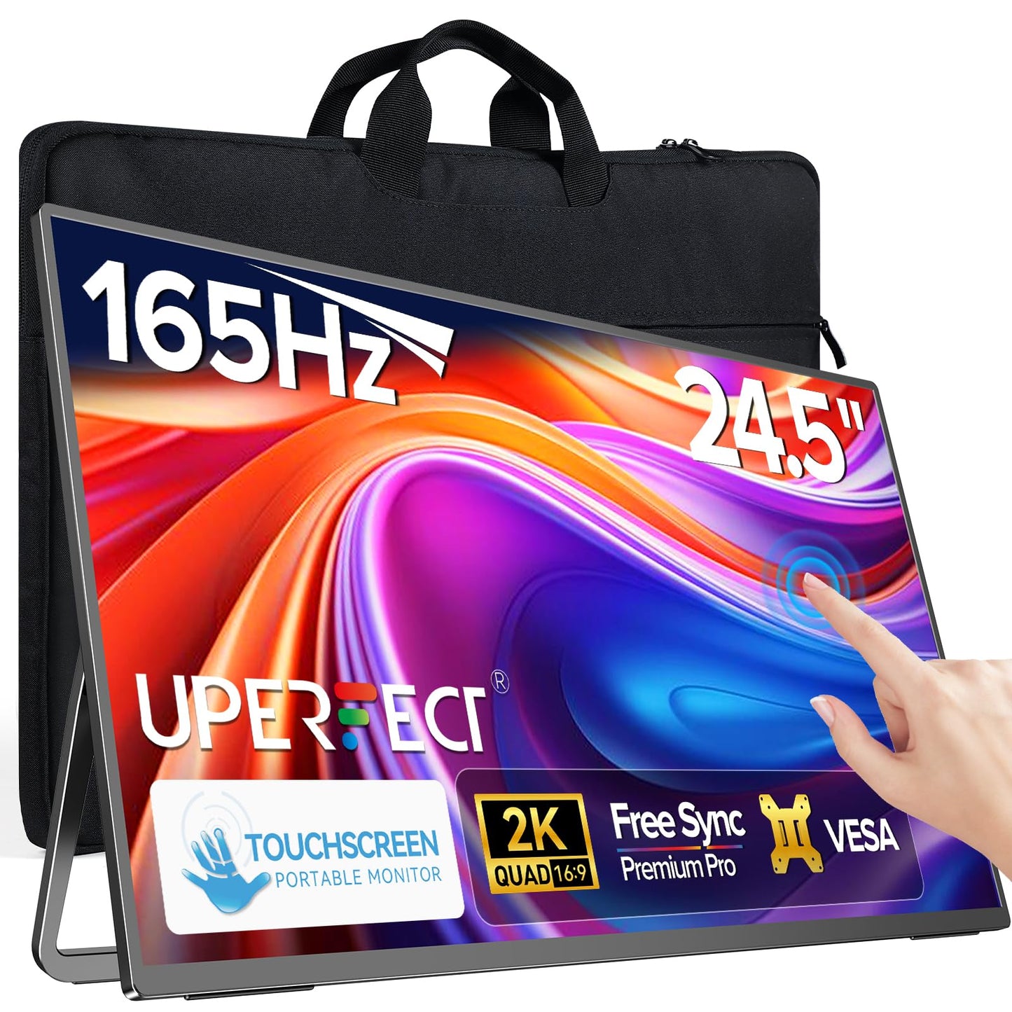 UPERFECT QLED Portable Monitor Touchscreen 24.5'' 165Hz Gaming Monitor 2K 125% sRGB 2000:1, FreeSync 0.1ms, Built-in 180° Adjustable Stand/VESA, USB-C HDMI Second Screen for Laptop PC Game Console