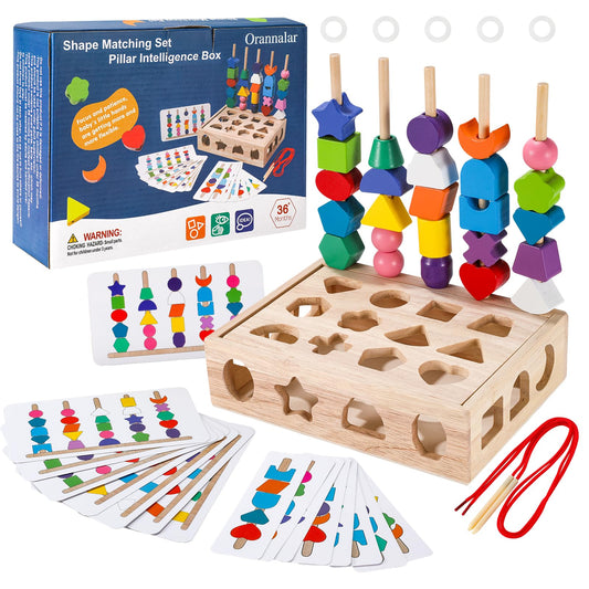 3 in 1 Montessori Wooden Beads Sequencing Toy Set Color Sorting Stacking Geometric Shape Matching Game Beads Sequencing Toy Lacing Beads Stem Fine Motor Skills for Toddlers