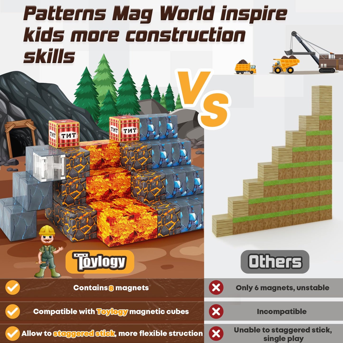 Magnetic Blocks-Build Mine Magnet World Pickaxe Edition Mine Pickaxe Caverns Kids Games Toddler Toys Magnetic Tiles for Boys & Girls Age 3-4 4-5 6-8, Sensory Outdoor Toys for Kids for 3+